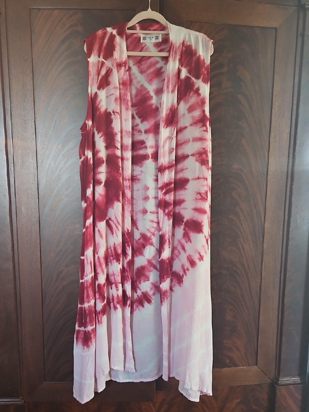 Tie-Dye Long Open Vest - Red & White - Size Large